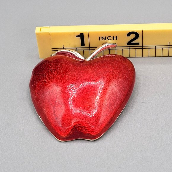Large Red Enamel Apple Brooch Silver Tone Leaves Gift Giving Vintage - Picture 5 of 6